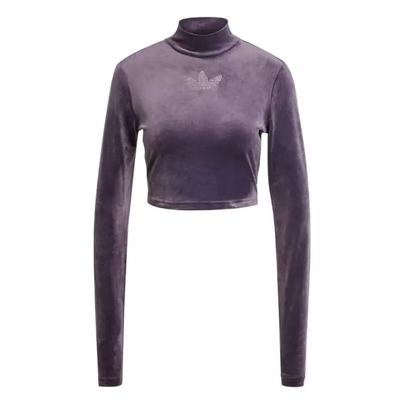 Adidas Women's Long Sleeve Rhinestone Trefoil Velvet Crop Top Aurora Black