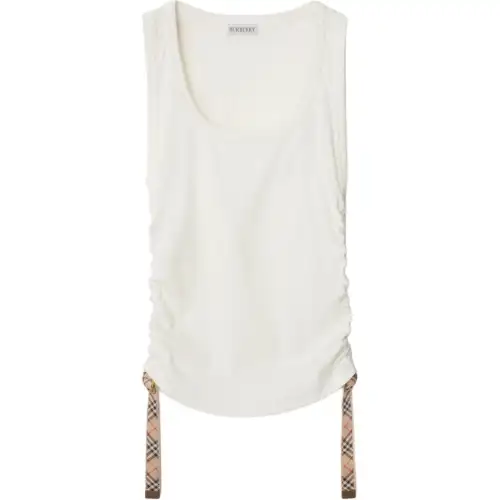 Burberry Checked-Strap Ruched Ribbed Tank Top