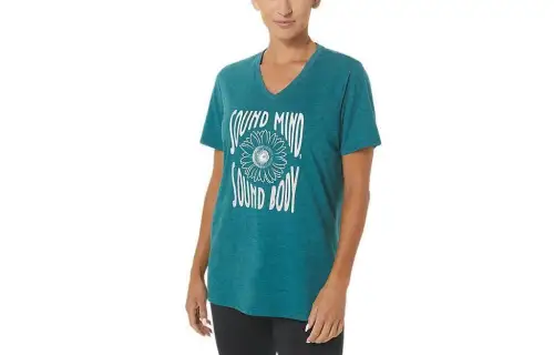 ASICS SUNFLOWER SLOGAN V NECK T Shirts Women's Blue V Neck Moderate Straight Fit