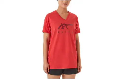 ASICS T Shirts Women's Red V Neck Moderate Straight Fit