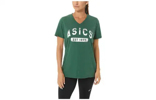 ASICS EST 1977 T Shirts Women's Green V Neck Moderate Straight Fit