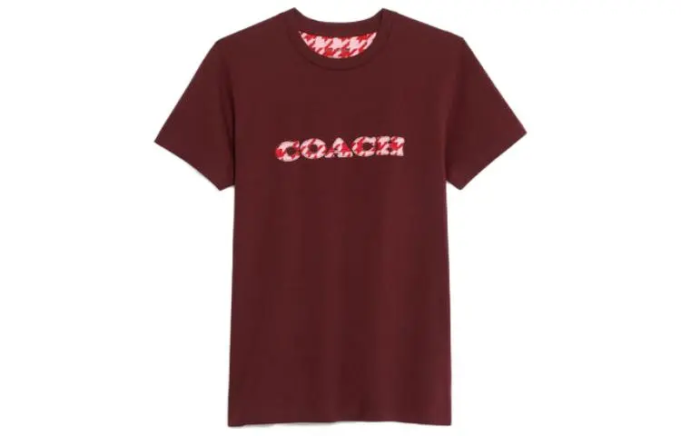 COACH T-Shirts Women's Burgundy Crew Neck Moderate Straight Fit