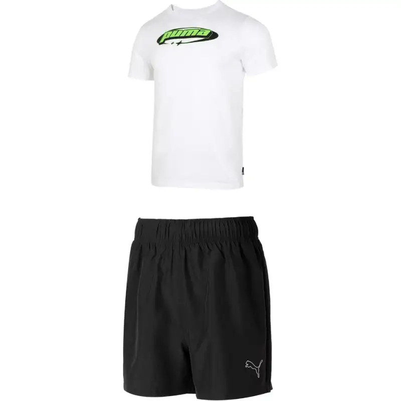 PUMA Casual Sportswear Men's White T Shirt+Black Shorts Crew Neck Moderate