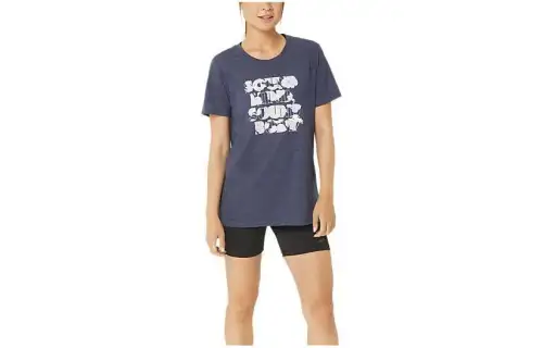 ASICS Hibiscus Slogan CREW T Shirts Women's Marine Blue Crew Neck Moderate Other