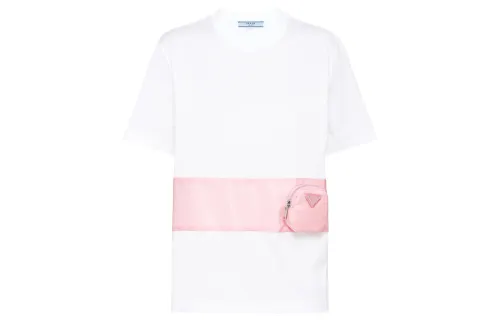 PRADA T Shirts Women's White Pink Crew Neck Moderate Straight Fit