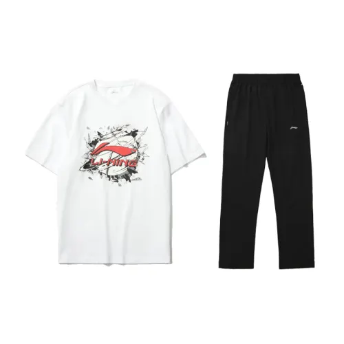 Li Ning Casual Sportswear Men's Clothing Sets Standard White+Black Crew Neck Moderate