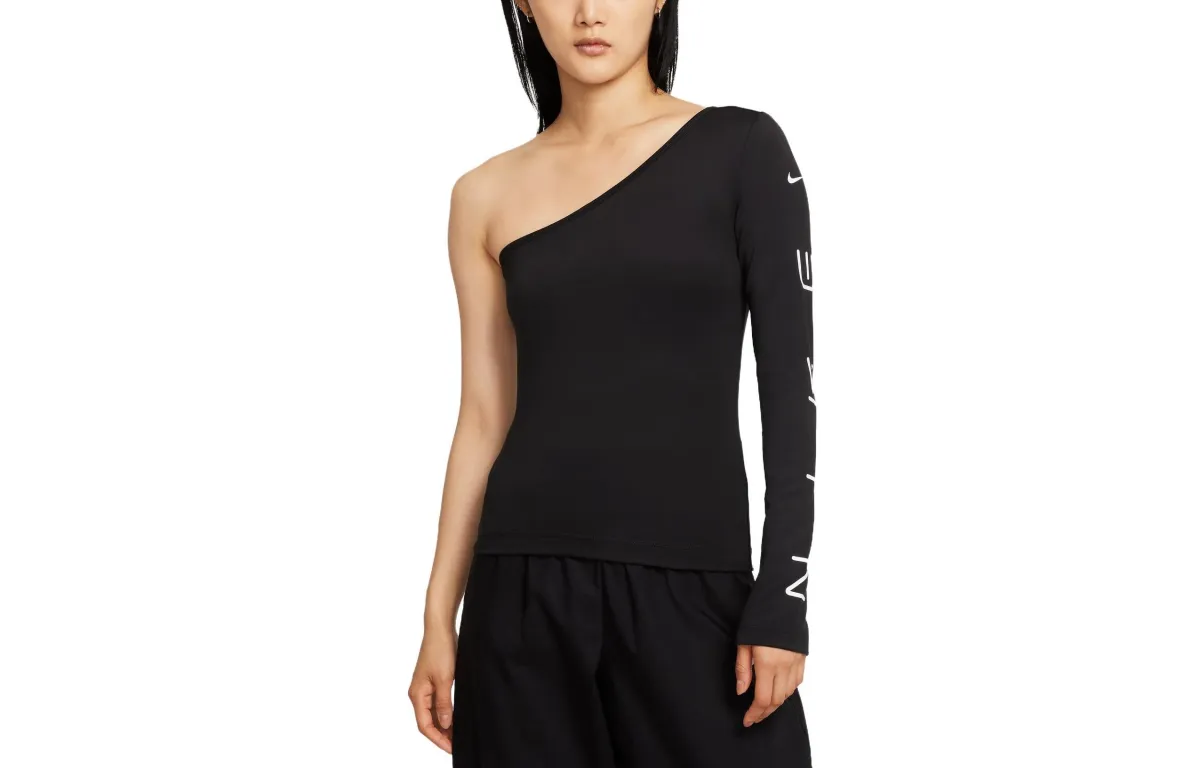Nike Sportswear T-Shirts Women's Black/(White) Asymmetrical Collar Moderate Nipped-in Waist