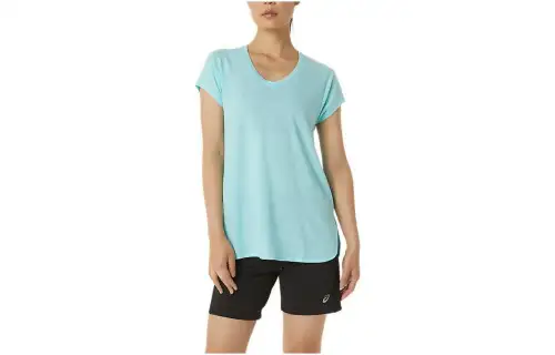 ASICS T Shirts Women's Heather Flower Blue V Neck Moderate Straight Fit