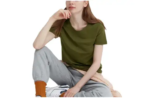 UNIQLO T Shirts Women's Olive Crew Neck Thin Straight Fit