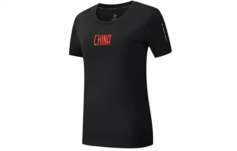 ANTA T Shirts Women's Black Crew Neck Moderate Straight Fit