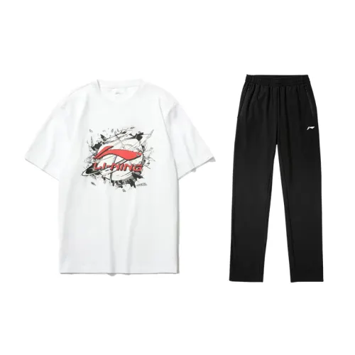 Li Ning Casual Sportswear Men's Clothing Sets Standard White+Black Crew Neck Moderate