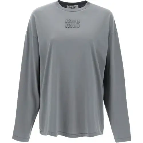 MIU MIU T Shirts Women's Gray Crew Neck Moderate Straight Fit