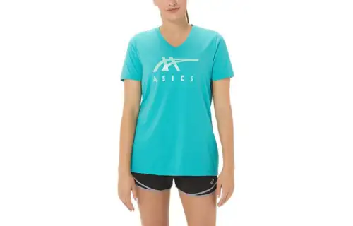 ASICS T Shirts Women's Blue V Neck Moderate Straight Fit