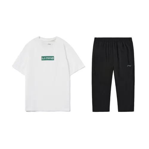Li Ning Casual Sportswear Men's Clothing Sets Ivory+Black Crew Neck Moderate