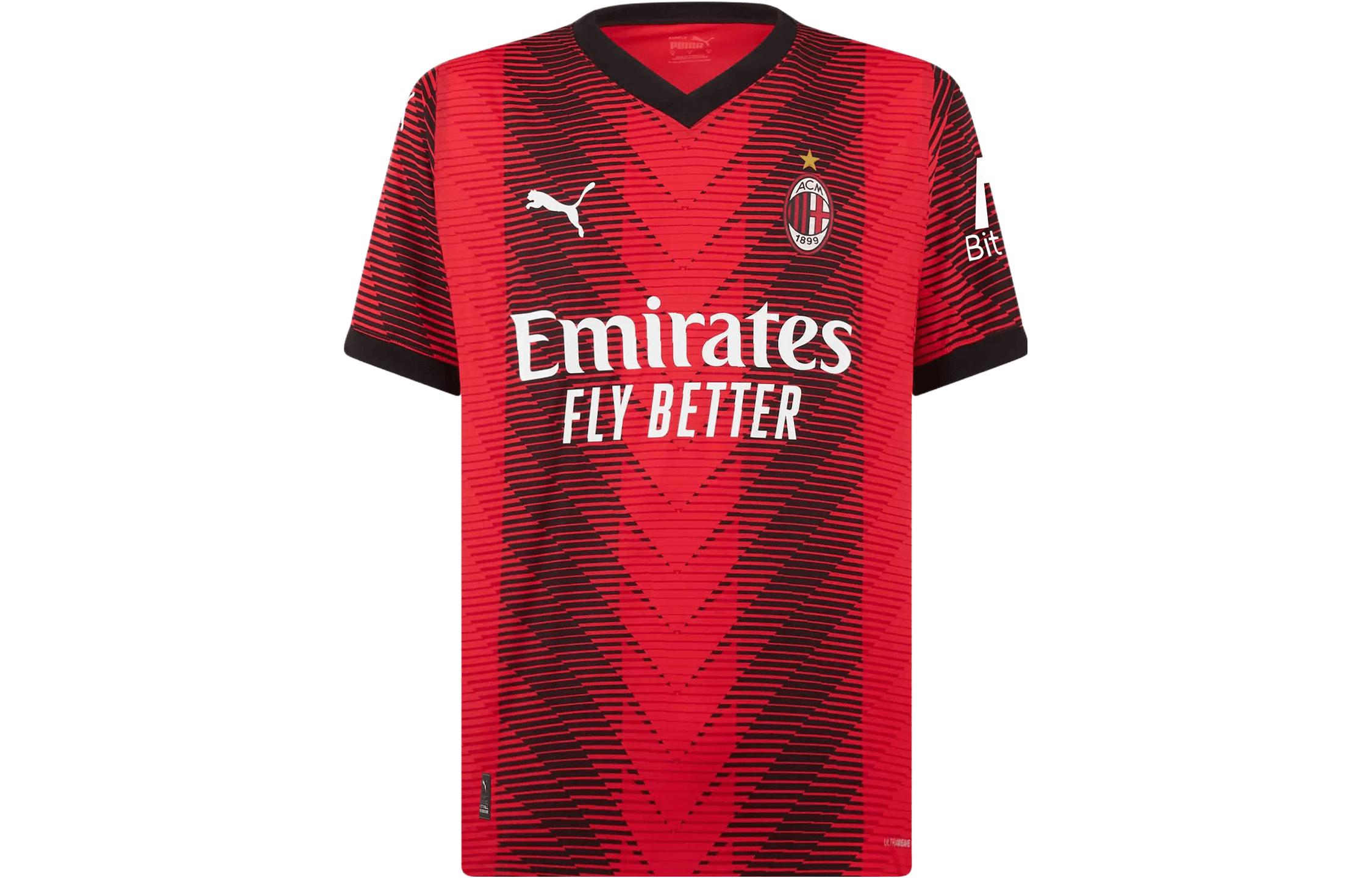 PUMA 23-24 Season Series AC Milan Home Player Version Sports Striped Letters Match Short-Sleeved Football Uniform Men's Red