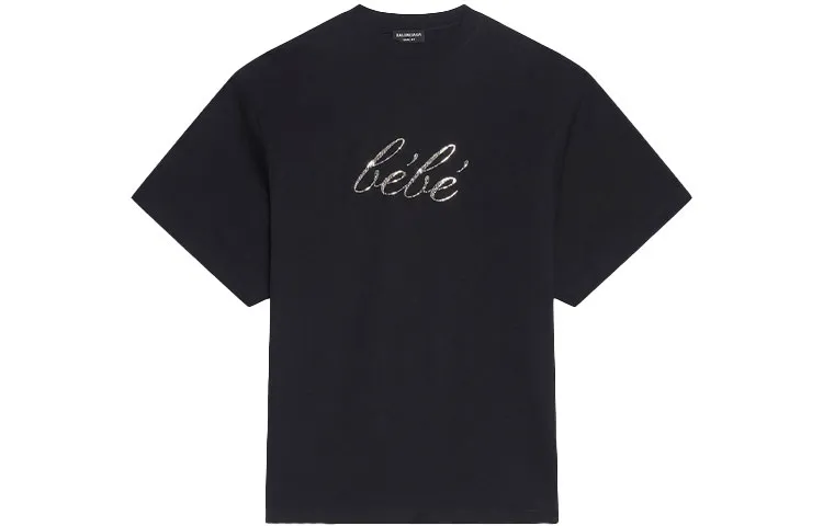Balenciaga SS22 Sequins Letter Logo Crew Neck Short Sleeved T Shirt T Shirt Women's Black Loose Fit
