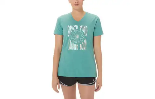 ASICS T Shirts Women's Sage Green V Neck Moderate Straight Fit