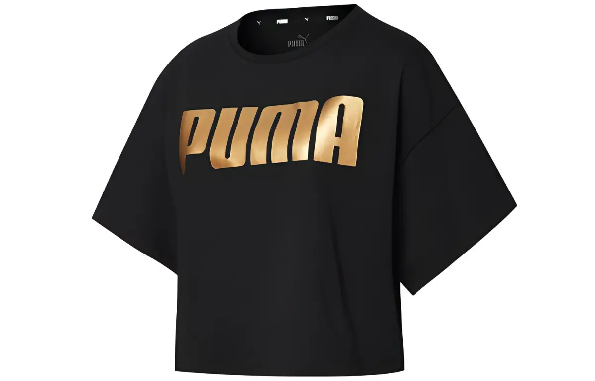 PUMA T-Shirts Women's Black Gold Crew Neck Moderate Straight Fit