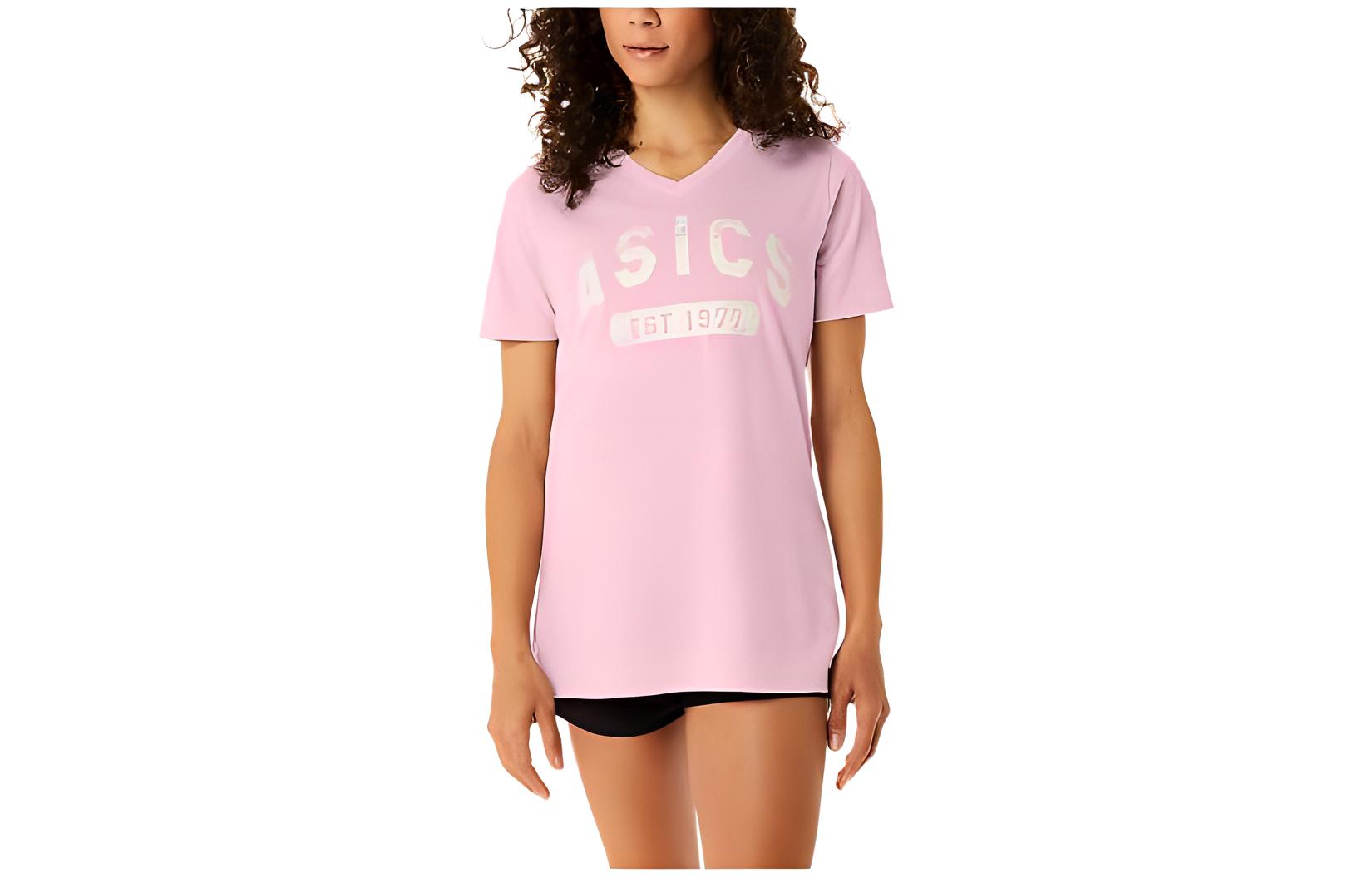 ASICS EST 1977 VNECK T Shirts Women's Pink V Neck Moderate Other