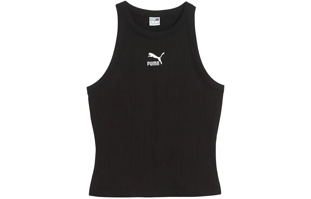 PUMA RIBBED Tank Tops Women's Black Crew Neck Moderate Straight Fit