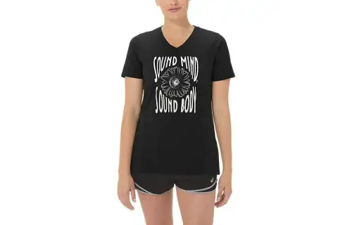 ASICS T Shirts Women's Black V Neck Moderate Straight Fit