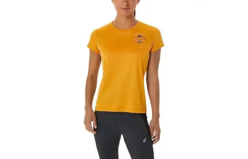 ASICS FUJITRAIL T Shirts Women's Earth Yellow Crew Neck Moderate Straight Fit