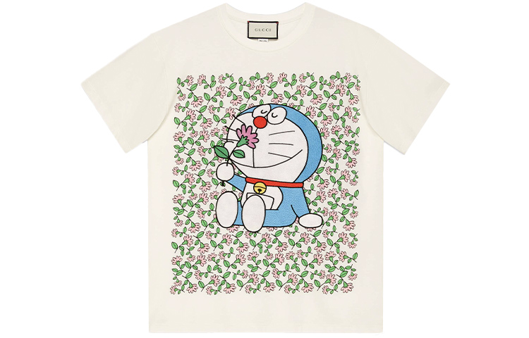 GUCCI Gucci x Doraemon/Doraemon Doraemon x Gucci joint series Jingle Cat cartoon print cotton SS21 dropped shoulder sleeve T-shirt women's ivory white