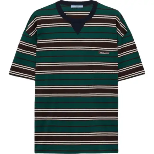 PRADA Logo Patch Striped Crewneck T Shirt