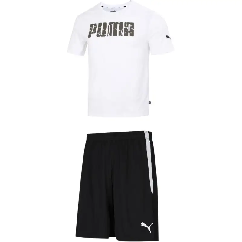 PUMA Casual Sportswear Men's Set White Top+Black Shorts Crew Neck Moderate