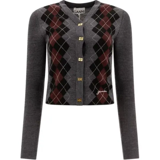 GANNI V Neck Argyle Knit Cardigan