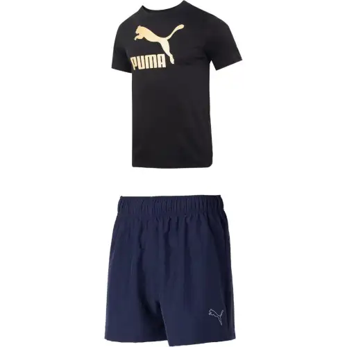 PUMA Casual Sportswear Men's Set Black Top+Tweed Blue Shorts Crew Neck Moderate