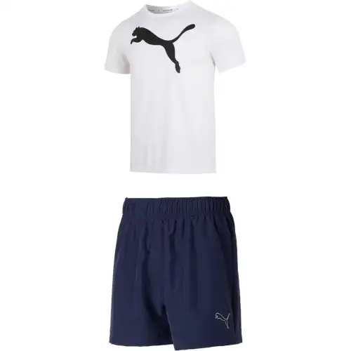 PUMA Casual Sportswear Men's Clothing Set White Top+Tweed Blue Shorts Crew Neck Moderate