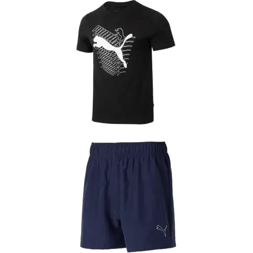PUMA Casual Sportswear Men's Set Black Top+Tweed Blue Shorts Crew Neck Moderate