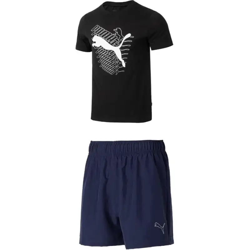 PUMA Casual Sportswear Men's Set Black Top+Tweed Blue Shorts Crew Neck Moderate