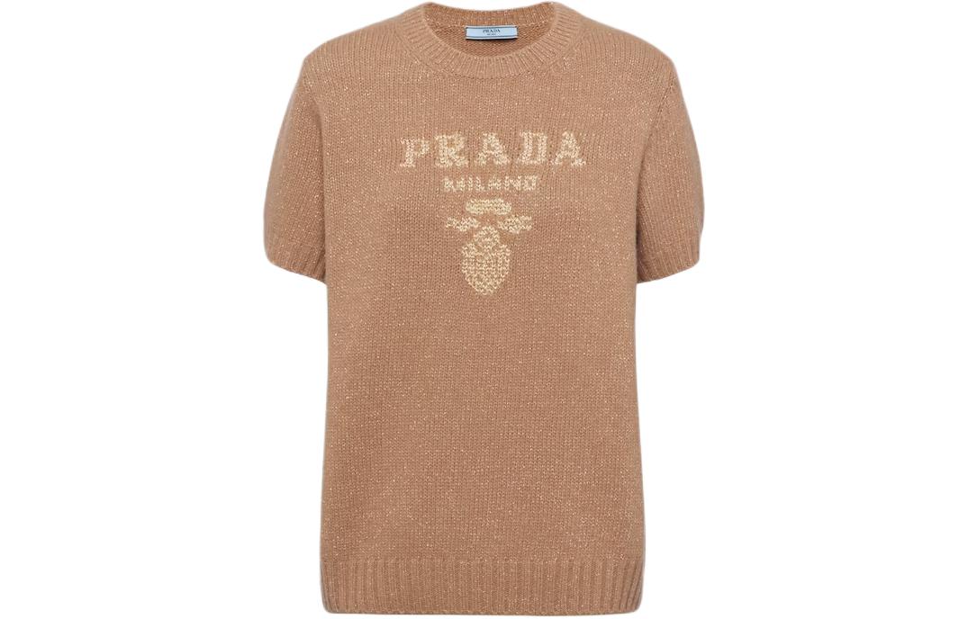 PRADA Prada, woolen cashmere knitted brown sweater with a round collar, with your logo imprint, with short sleeve