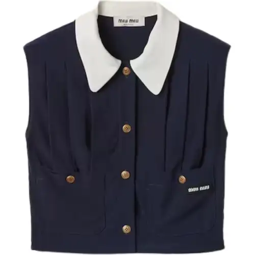 MIU MIU Pleated Marocain Top Crop Top Women's Marine Blue