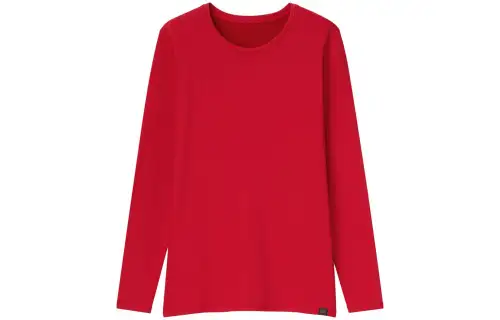 UNIQLO Solid Color Crew Neck Fleece Lined Thermal Long Sleeved Shirt T Shirt Women's Coral Red