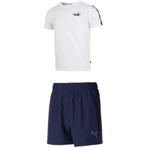 PUMA Casual Sportswear Men's Set White T Shirt+Tweed Blue Shorts Crew Neck Moderate