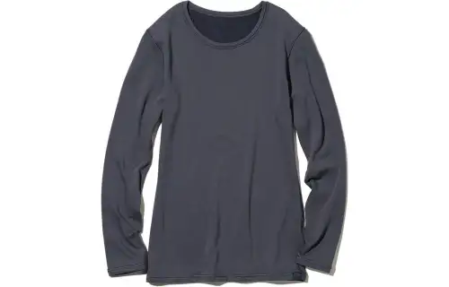 UNIQLO Solid Color Crew Neck Fleece Lined Thermal Long Sleeved Shirt T Shirt Women's Dark Gray