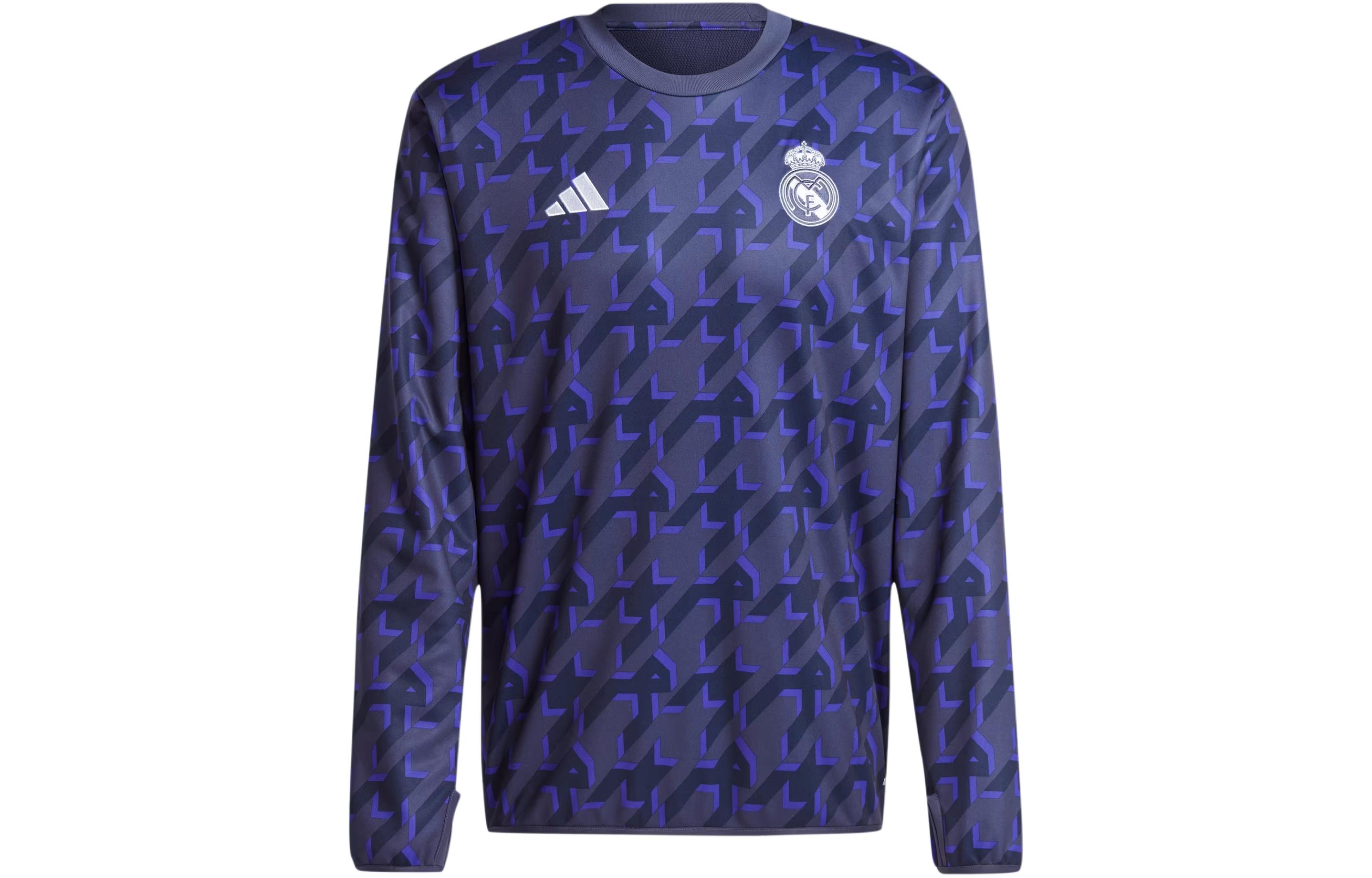 Adidas Real Madrid Pre-Match Warm Top Real Madrid geometric pattern all-over pre-match round neck long-sleeved football jersey for men dark blue