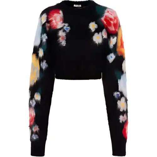 MIU MIU Women's Floral Knit Crewneck Sweater Black