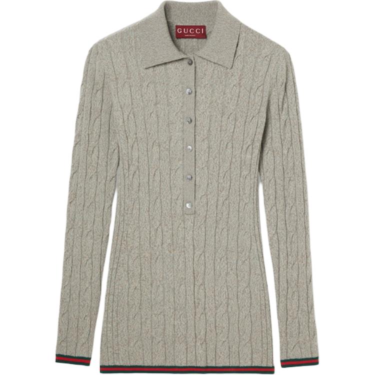 GUCCI Fine Cable And Rib Wool Polo Top 'Dove Grey'