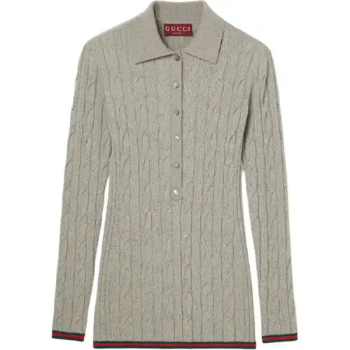 GUCCI Fine Cable And Rib Wool Polo Top 'Dove Grey'