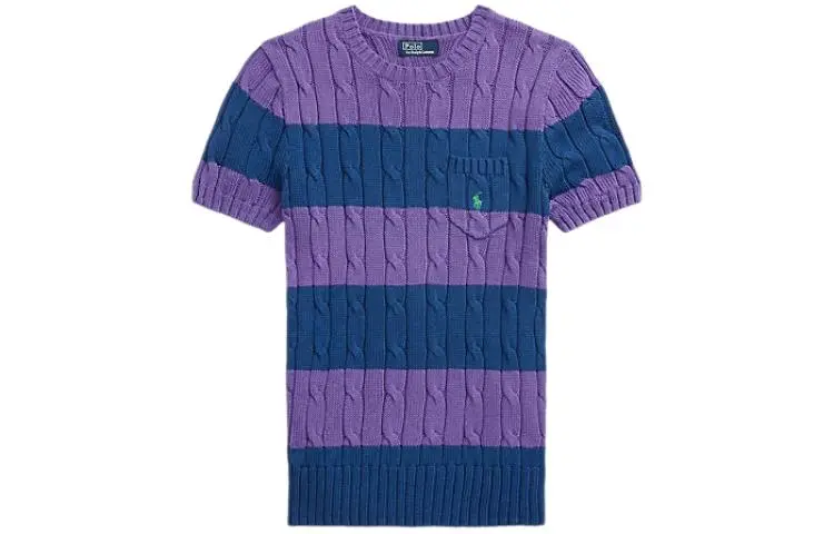 Polo Ralph Lauren Striped Cable-Knit Short-Sleeve Sweater Knitwear Standard Women's Purple