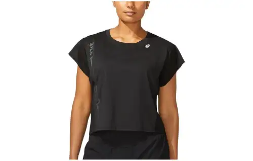 ASICS SMSB T Shirts Women's Black Crew Neck Moderate Straight Fit