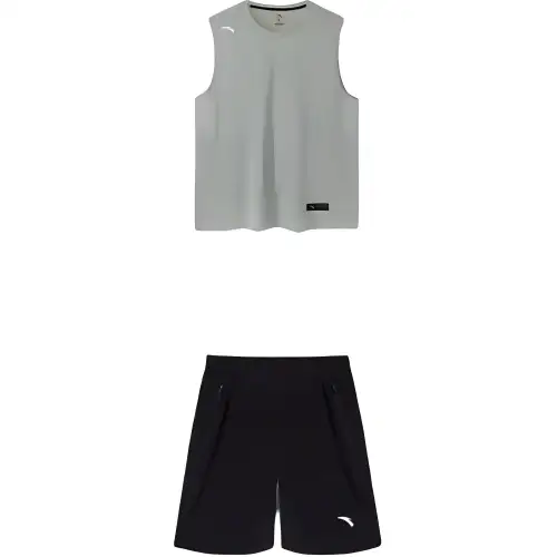 ANTA Casual Sportswear Men's Set Bean Gray Tank Top+Basic Black Shorts Crew Neck Moderate
