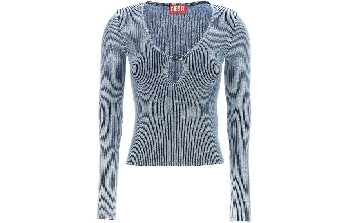 DIESEL SS24 OVAL-D series solid color v-neck dropped shoulder sleeves fitted long-sleeved pullover sweater women's light blue