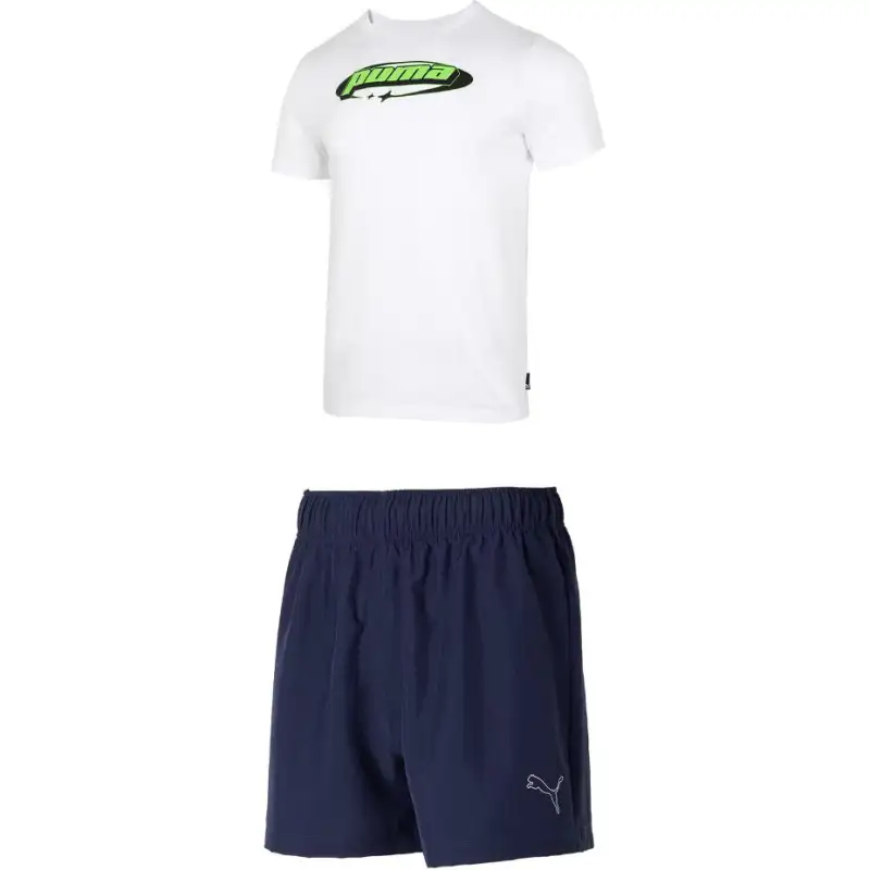 PUMA Casual Sportswear Men's Clothing Set White Top+Tweed Blue Shorts Crew Neck Moderate