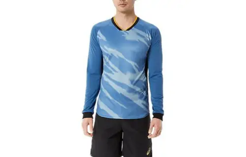 Asics, volleyball long-sleeve, blue uniform, V-neckline, classic length