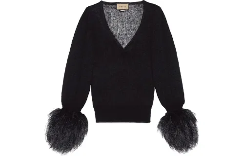 feather-cuffs V-neck jumper